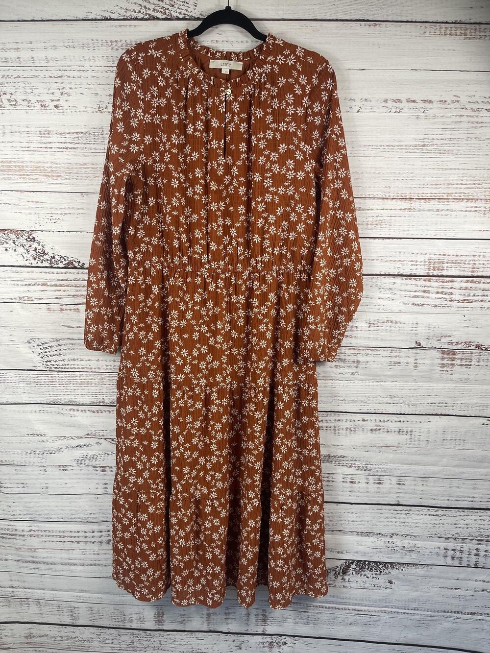 LOFT Dress Women's Size Large Brown Floral Long Sleeve Maxi Boho Tiered Ruffle